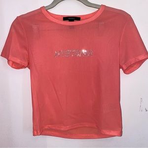 Neon orange sheer crop top tee rhinestones